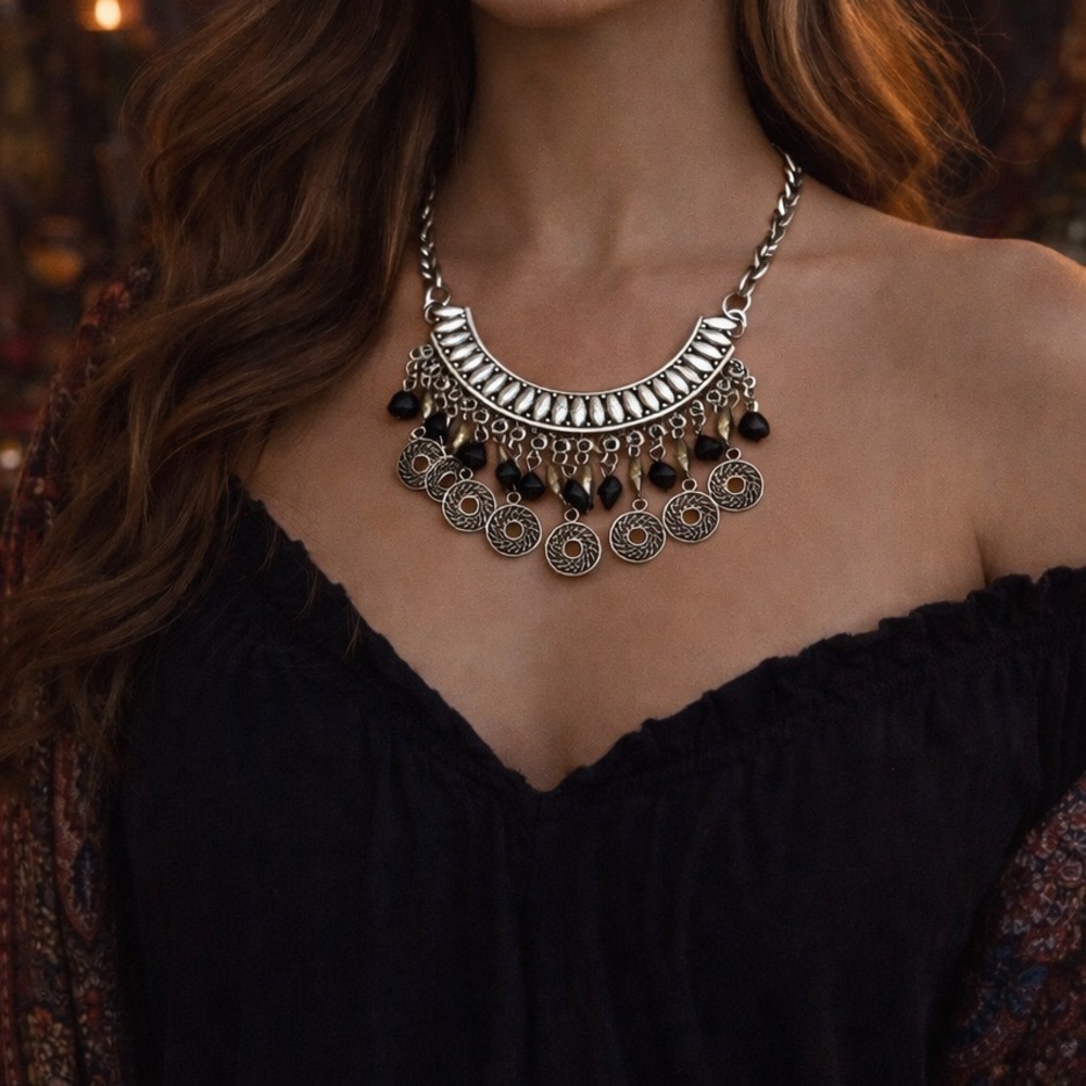 Silver & Black Boho Statement Necklace | Coin Fringe Bib | Adjustable 16–18”